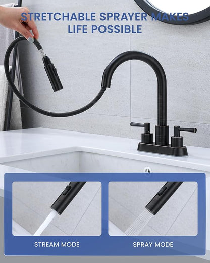 Bathroom Faucet with Pull Out Sprayer,Pull Down Bathroom Faucet 3 Holes,ORB | 4 Inch Centerset Vanity Faucet, Lead-Free,2 Handle Faucet with Pop Up Drain, Stainless Steel 3 Hole Faucet for RV Laundry