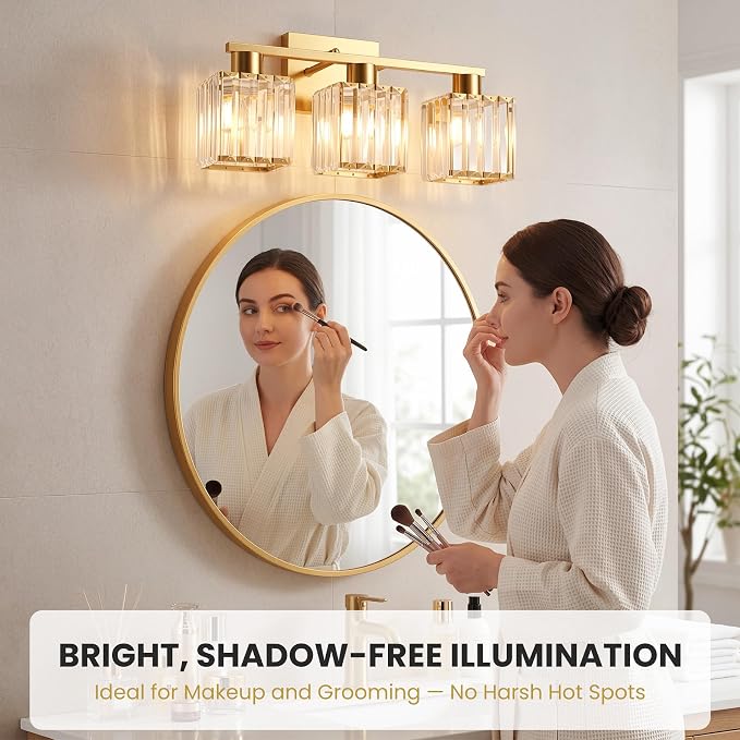 Crystal Bathroom Light Fixtures, 3-Light Brushed Gold, Vanity Lights for Bathroom Over Mirror, Modern Bath Wall Sconce for Mirror Bedroom Living Room