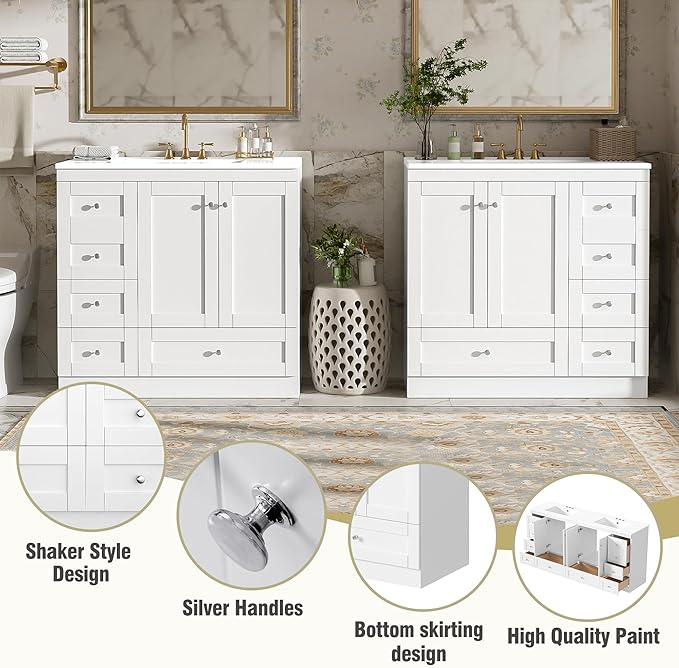 Harper & Bright Designs 72" Bathroom Vanity Set with Double Sink, Vanity Cabinet with 4 Cabinet Doors and 8 Drawers, Modern Design Solid Wood Bathroom Cabinet with Ceramic Basin for Bathroom, White