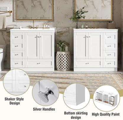 Harper & Bright Designs 72" Bathroom Vanity Set with Double Sink, Vanity Cabinet with 4 Cabinet Doors and 8 Drawers, Modern Design Solid Wood Bathroom Cabinet with Ceramic Basin for Bathroom, White