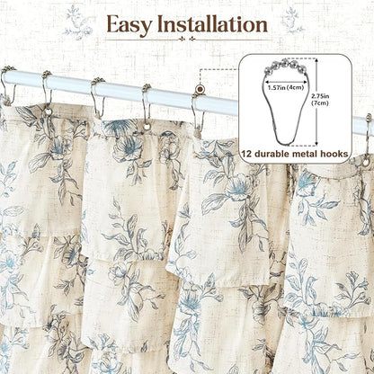 Yinhua Long Farmhouse Ruffle Shower Curtains with Blue Floral, 72" Wx78 L | French Country Vintage Rustic Washable Waterproof Shower Curtain for Bathroom Bathtub, 12 Metal Hooks