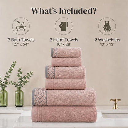 Modern Threads 6 Piece Cotton Bath Towel Set – Ultra Soft 550 GSM Towels – Bathroom Set with Hand Towels and Washcloths – Diamond Border (Blush)