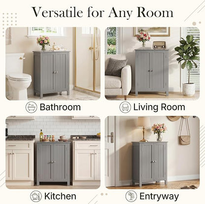 SUPER DEAL Modern Bathroom Floor Storage Cabinet with Adjustable Shelf and Double Door Rust Proof, Living Room Modern Home Furniture Storage Organizer Cabinet, Grey