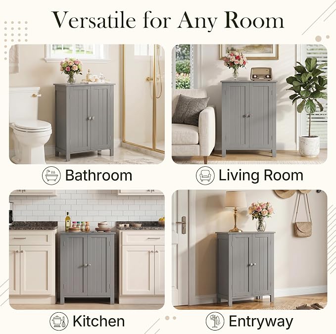 ZENY Bathroom Floor Storage Cabinet with Double Door + Adjustable Shelf, Wooden Organizer Cabinet for Living Room, Bathroom, Bedroom, Modern Home Furniture (Gray)