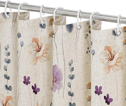 Purple Linen Watercolor Floral Fabric Shower Curtain, 72x72 | Linen Fabric, Modern Minimalist Floral Print, Machine Washable, Rustproof Grommets, for Bathroom Home