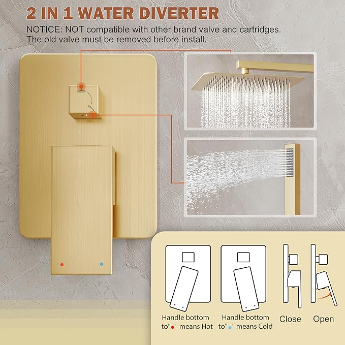 10" Rain Gold Shower System with Handheld & Valve, Brushed Gold | Wall-Mounted High-Pressure Shower Faucet Combo Set, 10-Inch Rain Shower Head with Handheld Spray,Includes Valve and Trim Kit