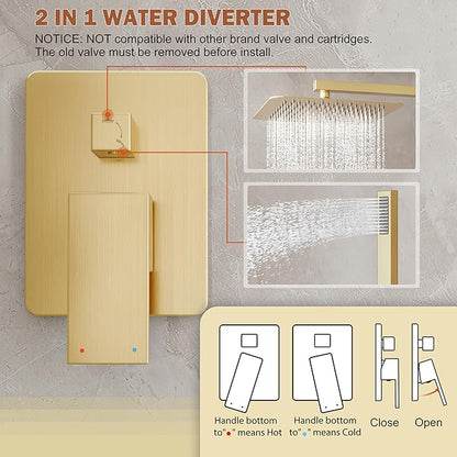 10" Rain Gold Shower System with Handheld & Valve, Brushed Gold | Wall-Mounted High-Pressure Shower Faucet Combo Set, 10-Inch Rain Shower Head with Handheld Spray,Includes Valve and Trim Kit