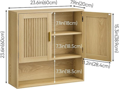 Fluted Bathroom Cabinet, Bathroom Wall Cabinet with Adjustable Shelves, Wooden Wall Storage Cabinet for Bathroom, Kitchen, Living Room, Bedroom