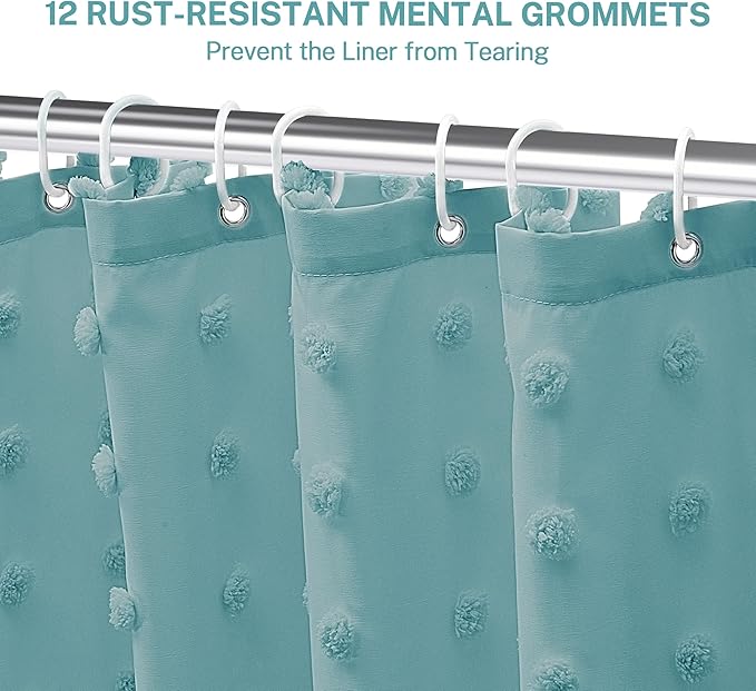 Boho Teal Shower Curtain Woven Fabric Shower Curtain, 72 x 72 Tufted Pleat Floral Puffs Textured Modern Farmhouse Minimalist Shower Curtain Set with Hooks for Bathroom