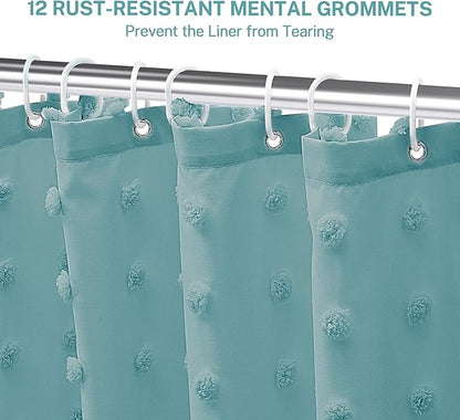 Boho Teal Shower Curtain Woven Fabric Shower Curtain, 72 x 72 Tufted Pleat Floral Puffs Textured Modern Farmhouse Minimalist Shower Curtain Set with Hooks for Bathroom