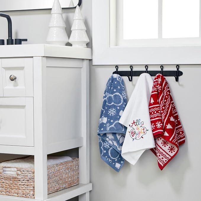 SKL Home Christmas/Winter All is Bright Hand Towel Set-2pc, Optic White | 100% Cotton. Soft, embroidered velour. Great for the bathroom, kitchen or bar & holiday gifting.