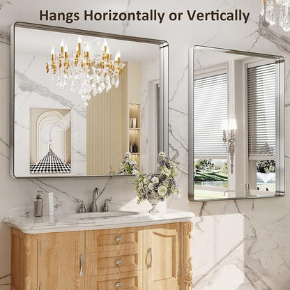 LOAAO 40X36 Inch Brushed Nickel Bathroom Mirror | Rounded Rectangle, Silver Metal Frame, Anti-Rust, Tempered Glass, Hangs Horizontally or Vertically