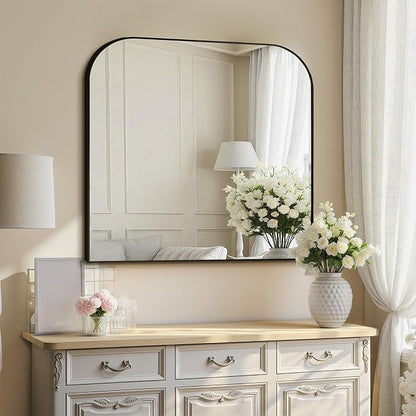 30"x30" Black Metal Framed Bathroom Mirror for Over Sink | Rounded rectangle shape. Shatterproof HD glass, all mounting hardware for bathroom, bedroom, entryway.