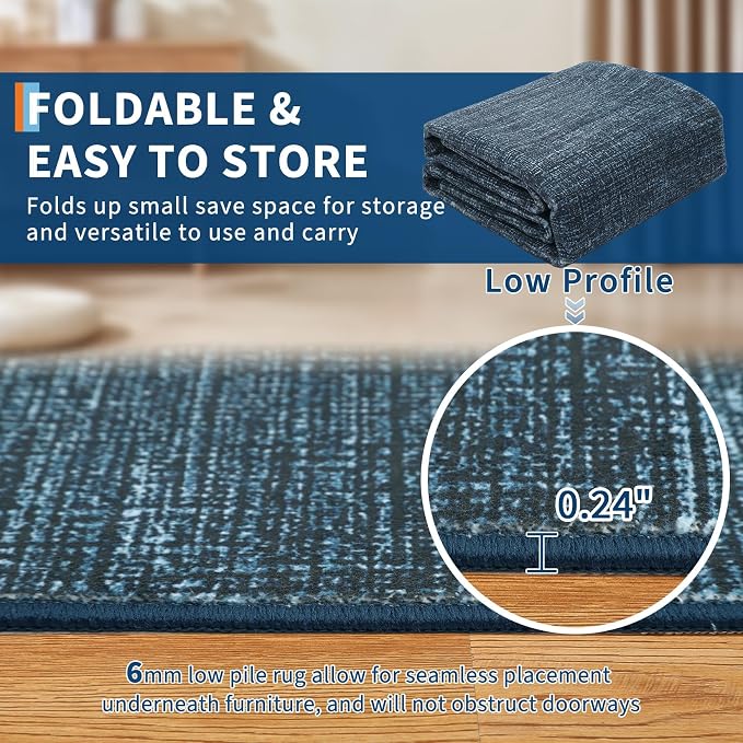 Garvee Washable Living Room Area Rugs 4x6 Kids Rugs for Bedroom, Navy | Modern Solid Color Non Slip Backing Low Pile Non Shedding Stain Resistant Neutral Soft Rug for Entryway Dining Room Dorm