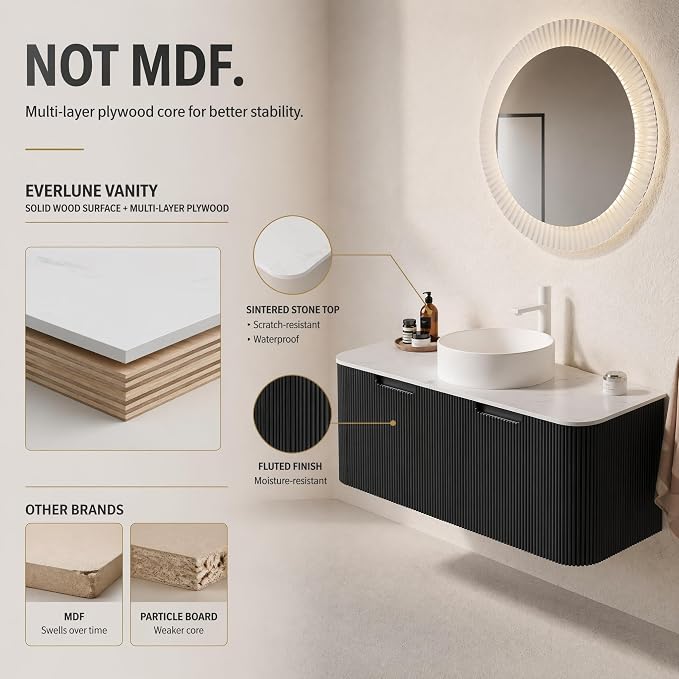 48 Inch Bathroom Vanity with Sink, Floating Wall Mounted Single Sink Vanity, Black Curved Fluted Front, Stone Top, Pure White Round Vessel Basin, Pre-Assembled