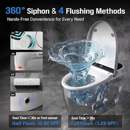 Smart Toilet with Bidet Built In, One-Piece Tankless Design with Remote,Auto Open & Close Lid, Dual Auto Flush, Heated Seat, Warm Air Dryer, Multiple Wash Modes & Temp Display