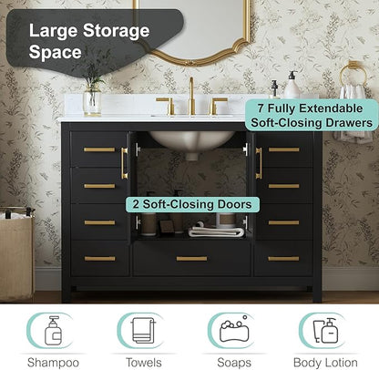 48 Inch Black Bathroom Vanity with Sink, Fully Assembled Bathroom Vanities Storage Cabinet with 2 Soft Close Doors & 7 Fully Extendable Drawers, Carrara Engineered Stone Top, Backsplash