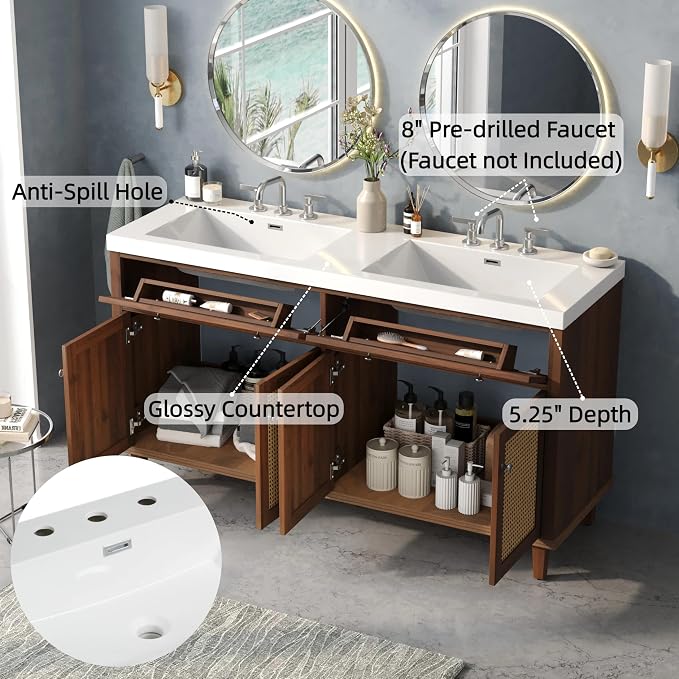 60" Farmhouse Double Sink Bathroom Vanity with Double Sinks, Soft Closing Doors and Flip-Out Drawers, Solid Wood Frame & MDF Wood Bathroom Sink Cabinet, Freestanding Solid Wood Legs