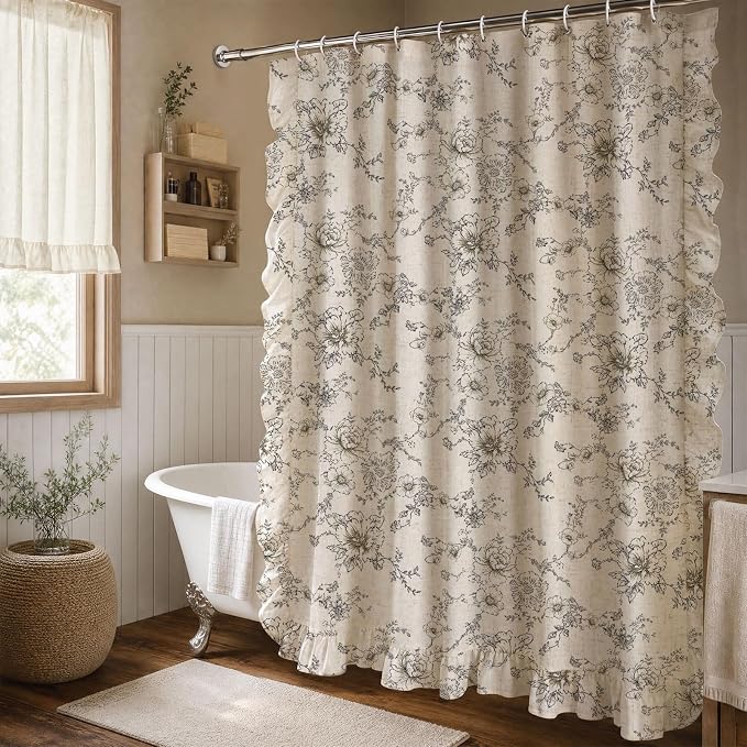 Farmhouse Floral Ruffle Shower Curtain for Bathroom | Vintage Black Linen Pattern Shower Curtains, Tan Taupe,72Wx72H