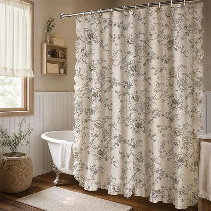 Farmhouse Floral Ruffle Shower Curtain for Bathroom | Vintage Black Linen Pattern Shower Curtains, Tan Taupe,72Wx72H