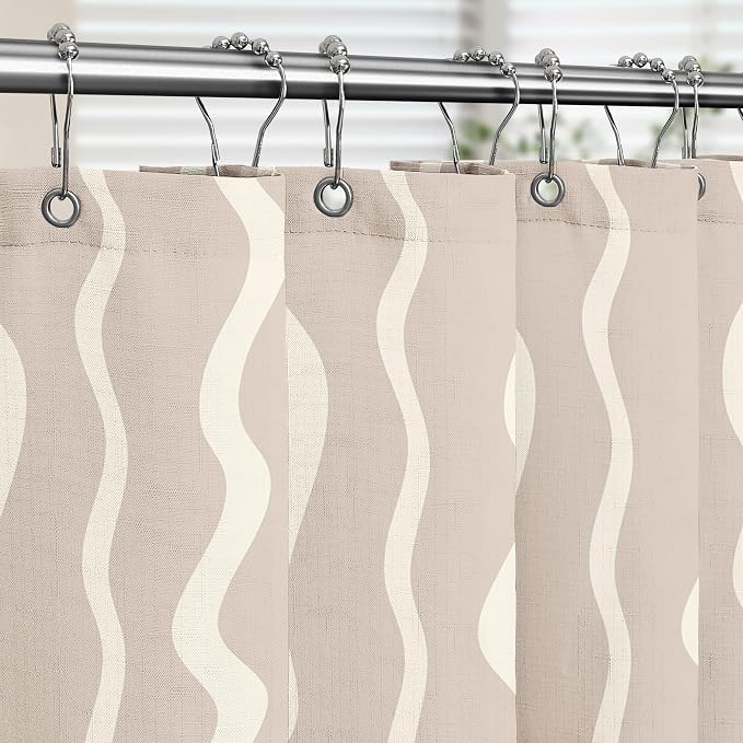 Tititex Cute Curvy Wavy Lines 140gsm Faux Linen Fabric Shower Curtain, Elegant Beige Cream Wave Striped Shower Curtain Sets Decoration 72x72 Inch with Hooks