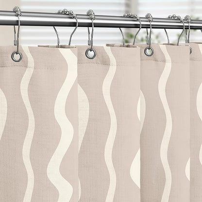 Tititex Cute Curvy Wavy Lines 140gsm Faux Linen Fabric Shower Curtain, Elegant Beige Cream Wave Striped Shower Curtain Sets Decoration 72x72 Inch with Hooks
