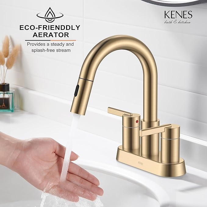 KENES Champagne Bronze Pull Down Bathroom Faucet, 4 Inch 2 Handle Centerset Bathroom Faucet 3 Hole with Pull Out Sprayer, Bathroom Vanity Faucet with Pop Up Drain & Supply Lines LJ-9069-CB