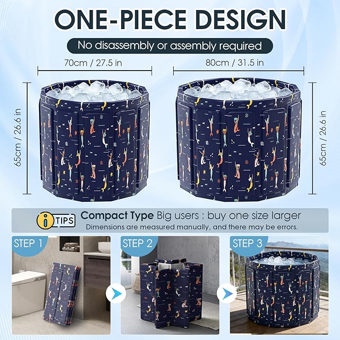 Portable Bathtub for Adult, Foldable Soaking Bathtub for Hot SPA&Ice Bath, Foldable Small Bathtub collapsible bathtub for Bathing, 6-layer Insulated portable tub,Space-saving (Blue Fish 25.9X27.5IN)