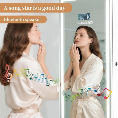 LED Mirror Jewelry Cabinet, Bluetooth Speaker, Full Length Mirror, White | Touch Screen, Defogging, Color Temperature & Timer Control; Lockable Storage with 2 Drawers; Wall or Door Mounted; 42.2" Tall