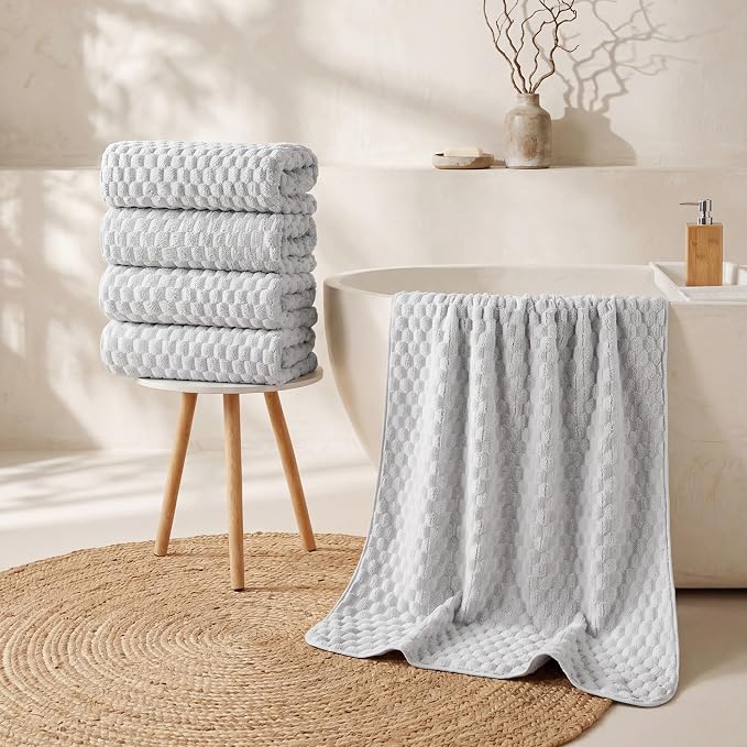 REDKISS 4 Pack Gray Microfiber Bath Towels - Extra Large Waffle Towels Set for Bathroom, Super Absorbent Towel Set of 4 Lagre, Quick Dry Bathroom Towel for Spa, Gym,Travel, Lint Free, Ultra Soft