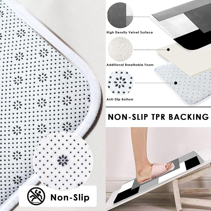 Bathroom Sets with Shower Curtain and Rugs, 4 Pcs, Checkered | Geometric Abstract Modern Bathroom Decor Set with Toilet Lid Cover, Non-Slip Bath Mats and Accessories 12 Hooks