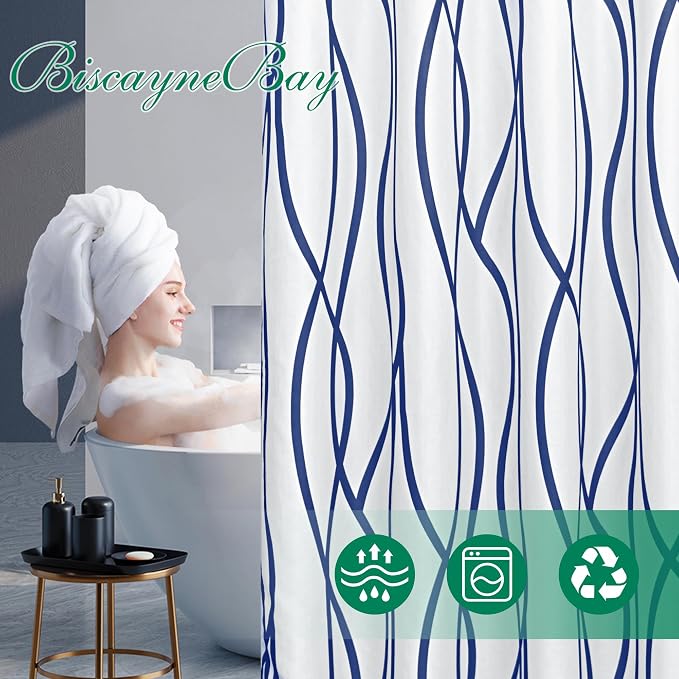 Fabric Modern Extra Long Shower Curtains for Bathroom-Navy and White | 72"W x 84"L Textured Faux Linen Luxury Hotel Quality Washable-Abstract Wavy Cloth Bath Curtain-Apartment Minimalist Decor