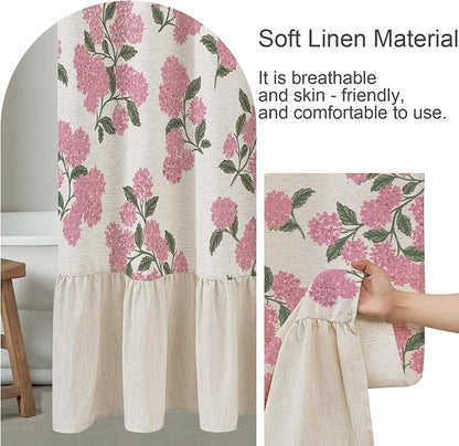 ORTIGIA Linen Textured Ruffle Shower Curtain with Metal Hooks, Vintage Pink Hydrangea Floral Boho Waterproof Bath Curtain for Rustic Farmhouse Bathroom Decor 72x72 Inch