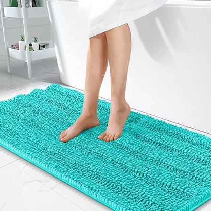 OLANLY Thick Bathroom Runner Rugs 47x24, Soft Chenille Long Bath Rugs, Teal | Absorbent Striped, Rubber Backing, Machine Wash, Bath Mats for Bathroom Floor, Tub and Shower, Home Decor Accessories