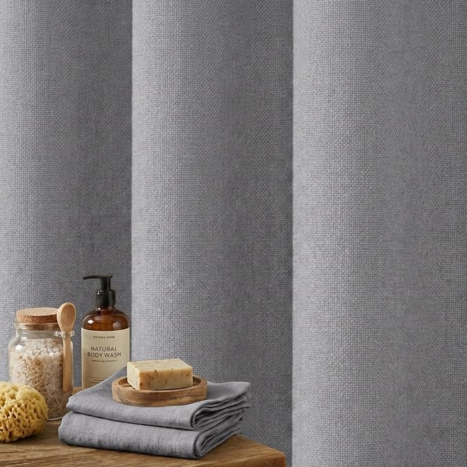 Seasonwood Grey Linen Shower Curtain Farmhouse Bathroom Decor 72x72 Inches | Boho Bathroom Decor,12 Sturdy Stainless Steel Sliding Hangers,Rustic Country Style,Linen Shower Curtains for Bathroom