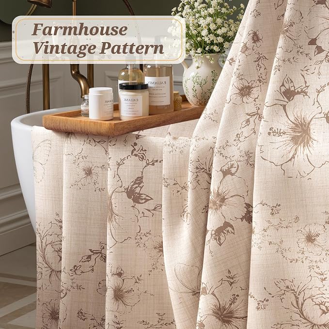 Vintage Beige Floral Shower Curtain with 12 Clear Rings - 72" W x 72" L | Farmhouse Fabric Faux Linen Shower Curtain Set, French Country Cottagecore Style Shower Curtain for Bathroom