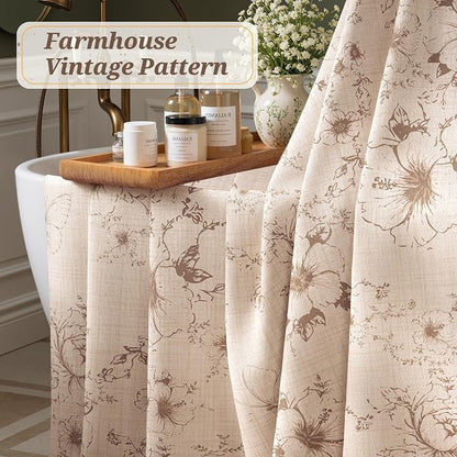 Vintage Beige Floral Shower Curtain with 12 Clear Rings - 72" W x 72" L | Farmhouse Fabric Faux Linen Shower Curtain Set, French Country Cottagecore Style Shower Curtain for Bathroom