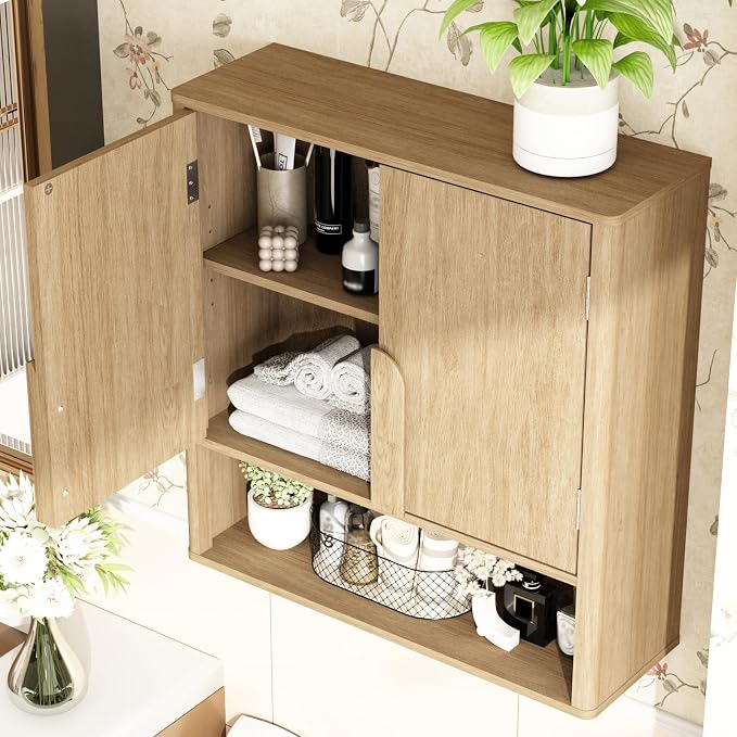 RUSTOWN Wall Mounted Bathroom Cabinets with Rounded Edges & Curved Handles | Adjustable Shelf, 3-Tier Over The Toilet Storage Cabinets, Modern Medicine Cabinet for Laundry Kitchen Living Room