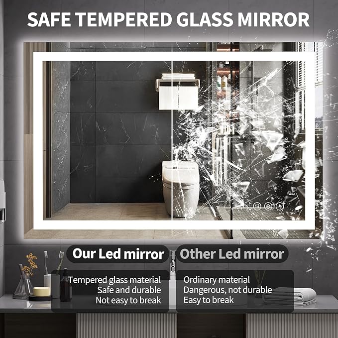 Koonmi 50x40 LED Bathroom Mirror with Light, Anti-Fog, 3 Colors | Backlit + Front Lit, Dimmable Brightness, Shatterproof HD Distortion-Free Tempered Glass, Hardware Included