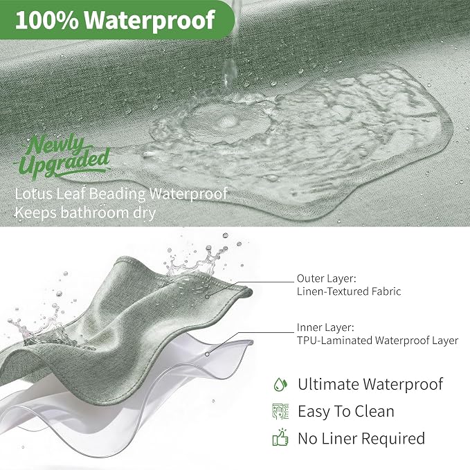 eachope No Hooks & No Liner Needed Fabric Shower Curtain,71Wx74L,Sage Green | Linen Texture,100% Waterproof TPU Laminated Layer,Bottom Magnets,Machine Washable,Hotel Style Bathroom Curtain For Shower,Tub