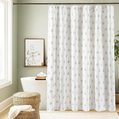 Orange and Green Spring Floral Shower Curtain for Bathroom, Soft Ditsy Flower Print on White Fabric, Cottagecore Farmhouse Shower Curtain, 72x72
