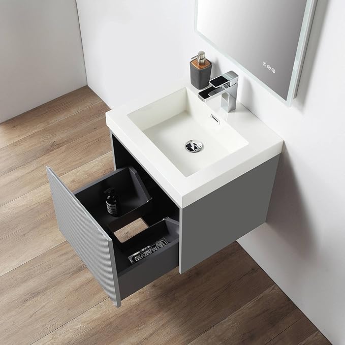 Blossom 20 Inch Bathroom Vanity with Sink and Side Cabinet, All Wood Floating Bathroom Vanity with Acrylic Sink, Bathroom Sink Cabinet with Soft-Close Drawer, Modern Style Vanities, Light Grey