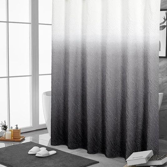 MitoVilla Black Ombre Shower Curtain Set with Hooks, Waves Textured Fabric Shower Curtains for Modern Luxury Bathroom Decor, 3D Marble Geometric Embossed Cloth Bathroom Shower Curtain, 72 x 72
