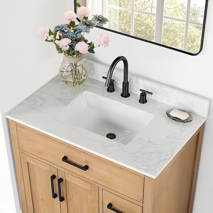 Ceres 37" Engineered Stone Vanity Top in Grain White with Single White Sink