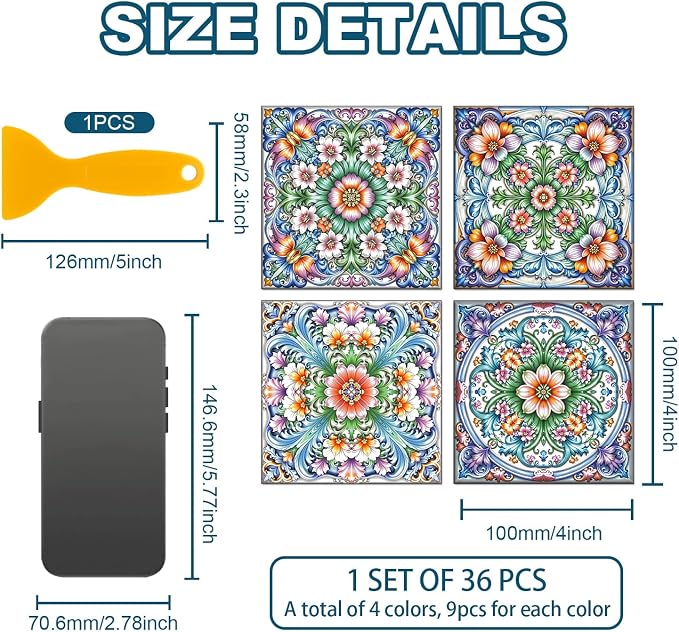 36 Pcs 4 Styles Retro Floral Patten Tile Sticker Imitation 3D Relief Patten Wall Tile Stickers Waterproof Self Adhesive Stick on Decals for Kitchen Bathroom Wall 4×4 Inch