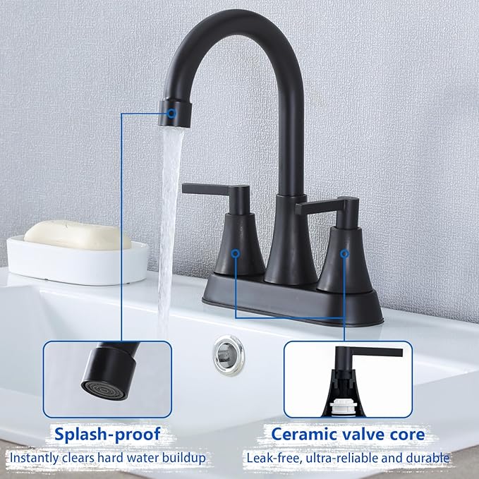 VCCUCINE Bathroom Faucets for Sink 3 Hole, Hurran 4 inch Matte Black with Pop-up Drain and 2 Supply Hoses, Stainless Steel 2-Handle Centerset Faucet for Sink Vanity,VC-MC-010B