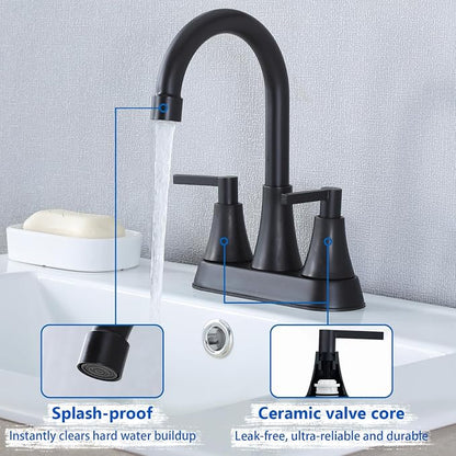 VCCUCINE Matte Black Bathroom Faucet, 4 Inch Centerset 3 Hole Black Bathroom Sink Faucet with Pop-up Drain and 2 Supply Hoses, Stainless Steel 2-Handle Faucet for Sink Vanity