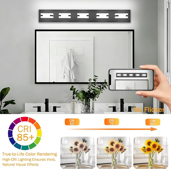 LED Black Bathroom Light Fixtures, 5-Light 5700K Modern Vanity Lights | LED Black Bathroom Light Fixtures, 5-Light Modern Vanity Lights , ETL Listed, 35W (Cool White 5700K)