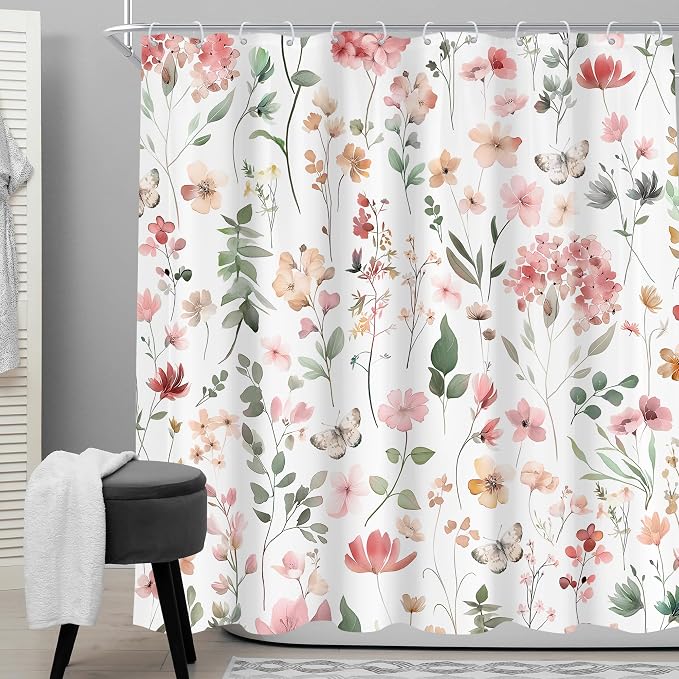 Pink Blush Coral Flower Floral Women Girls Leaf Bathroom Shower Curtain Set | 72"W x 72"H Wildflower Leaves; waterproof HD print, quick-dry fabric and plastic hooks for easy setup.