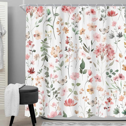 Pink Blush Coral Flower Floral Women Girls Leaf Bathroom Shower Curtain Set | 72"W x 72"H Wildflower Leaves; waterproof HD print, quick-dry fabric and plastic hooks for easy setup.
